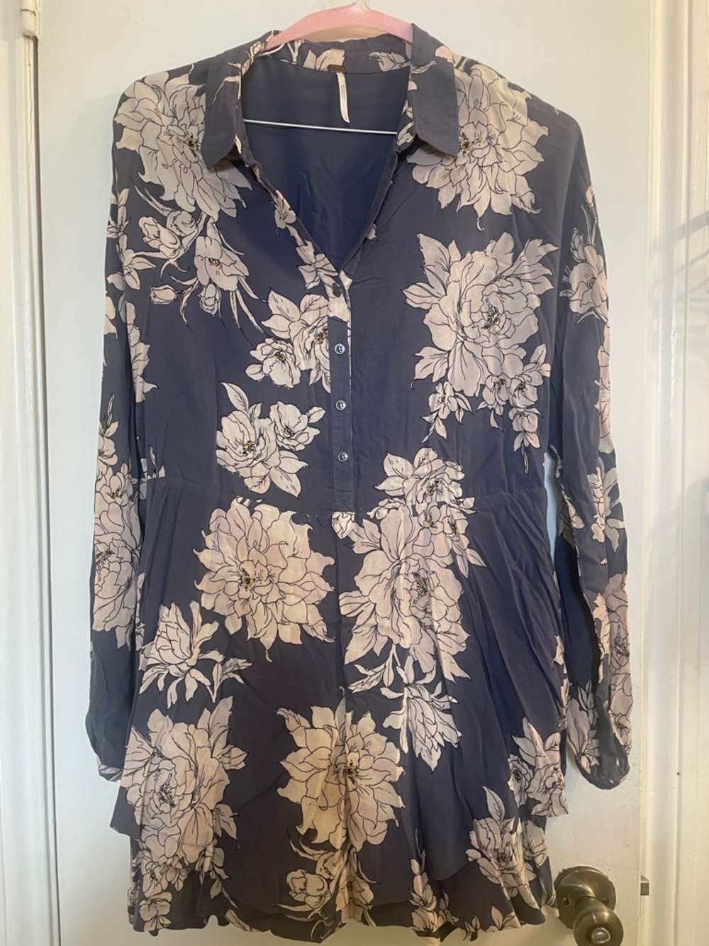 Free People Navy and Cream Floral Button-Up Tunic